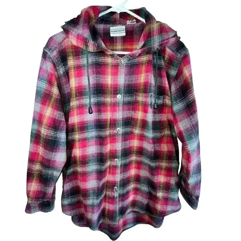 Fashion Passport Women’s‎ Cotton Pink Button-up Hooded Flannel Medium - Picture 4 of 5
